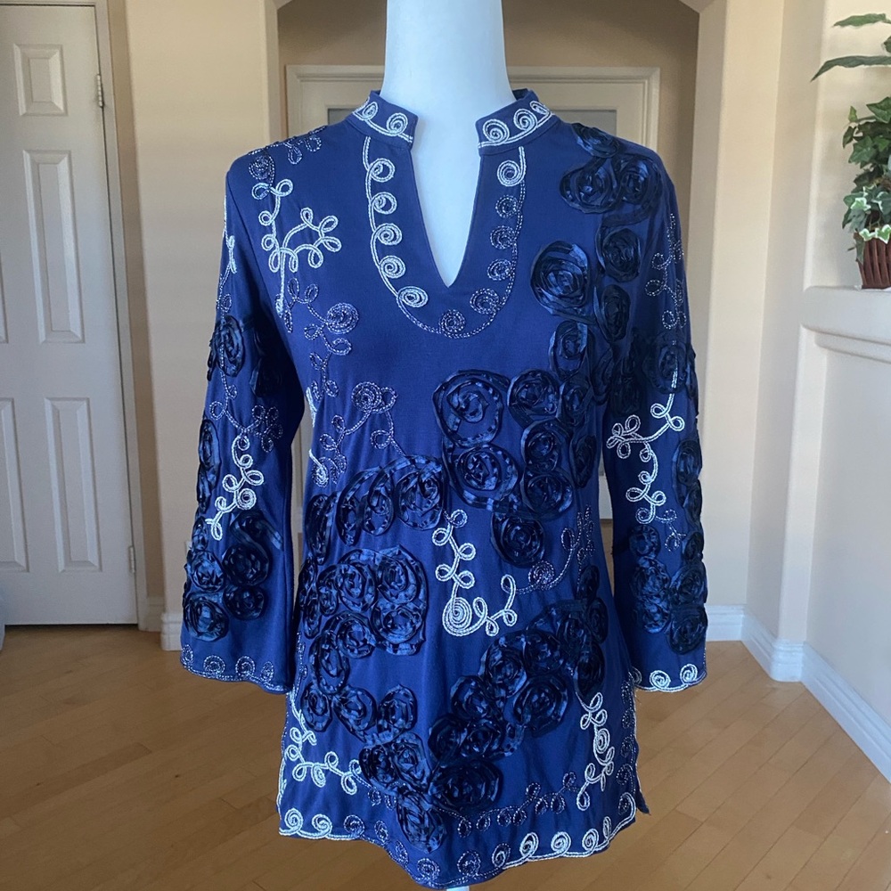 Lauren Michelle Blue Embroidered Boho Tunic with Mandarin Collar